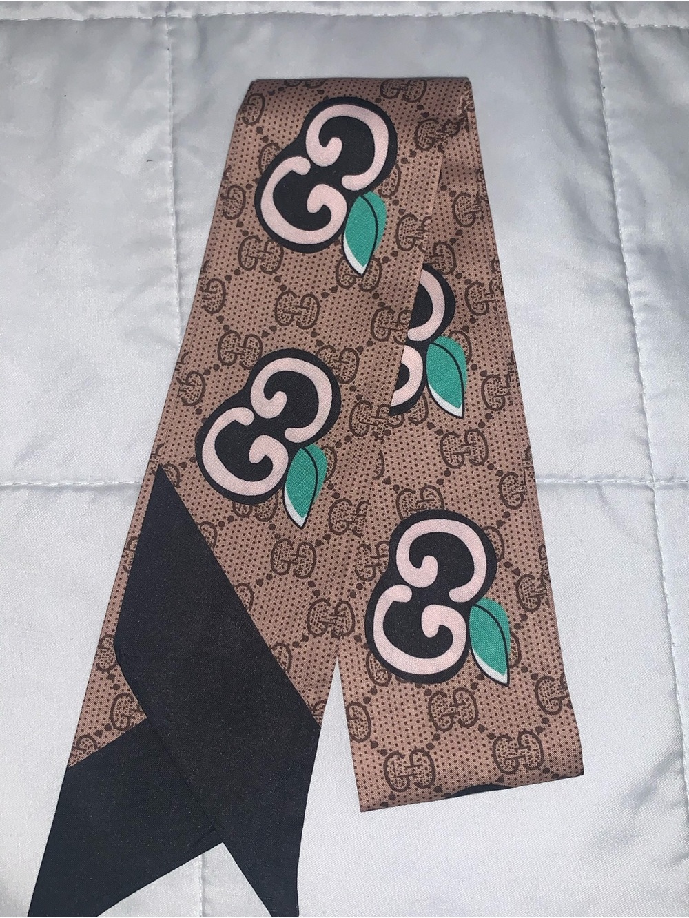 NWOT  Brown Logo Print Neck Scarf with Green Accents
